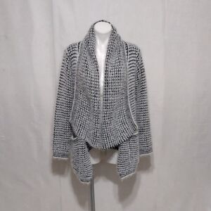 Les Soeurs Black White Fuzzy Knit Cardigan Open Front Longline Cozy Chic S/M